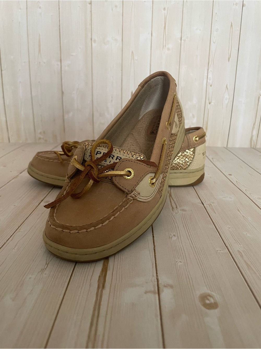 Sperry Women’s Tan and Gold Glitter Moccasin Boat Shoe